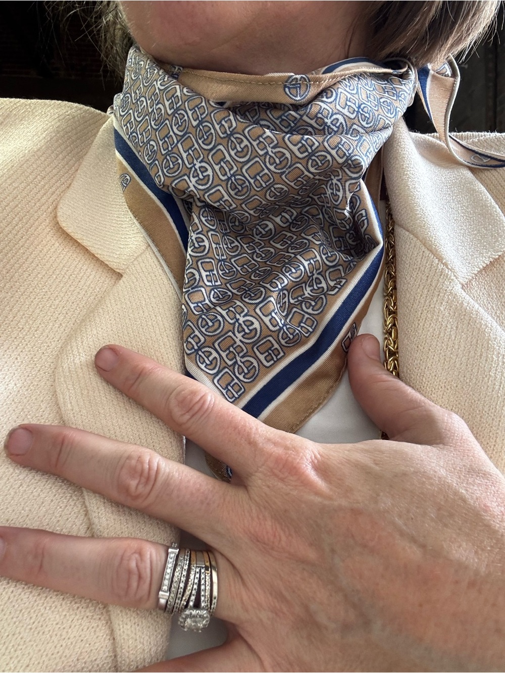 Vintage Beige and Navy Geometric Scarf